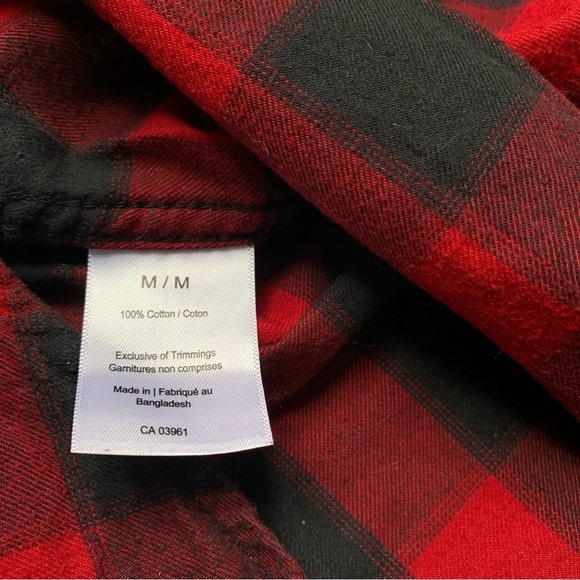 Long Sleeve Button Down Plaid Flannel Black Red 100% Cotton - Picture 6 of 10